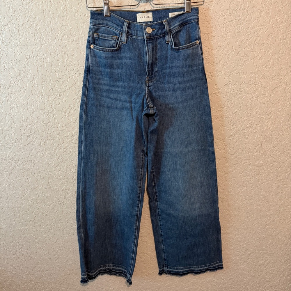 FRAME Le Pixie Slim Palazzo 26 Blue Jeans Boho Chic Modern Minimalist Raw Hem